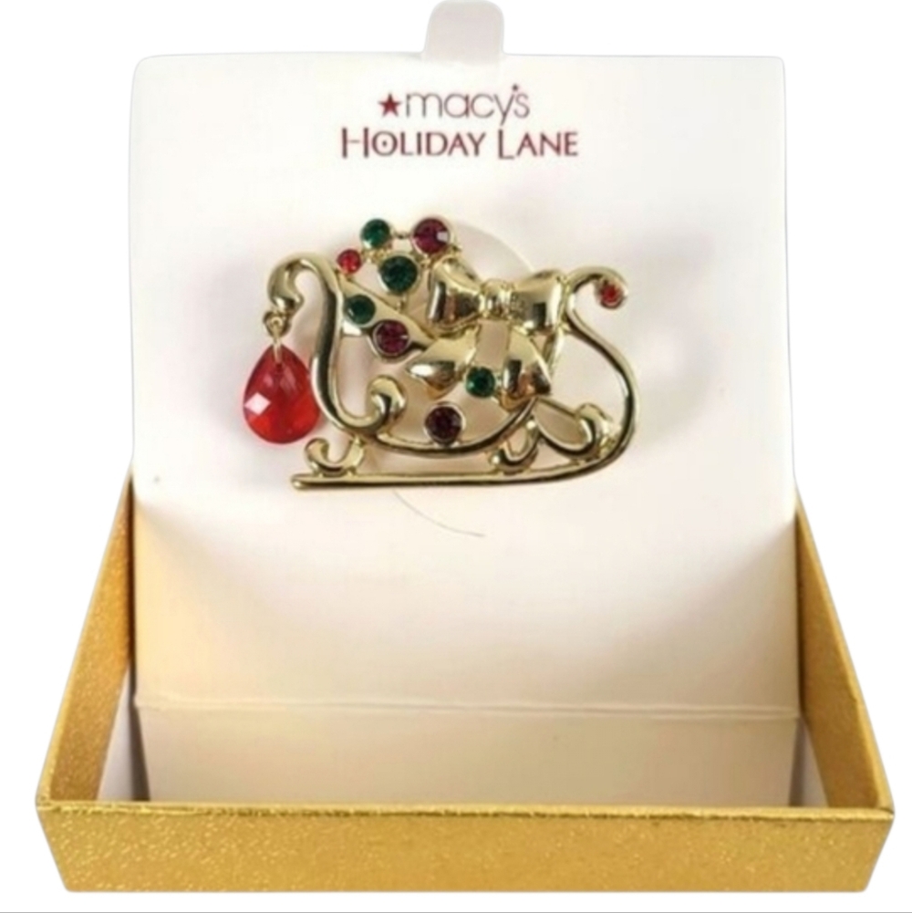 Macy's Holiday Lane Gold Sleigh Brooch Red Green Gemstones